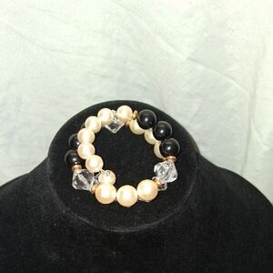 Elegant Black and Cream Beaded Wired Bracelet